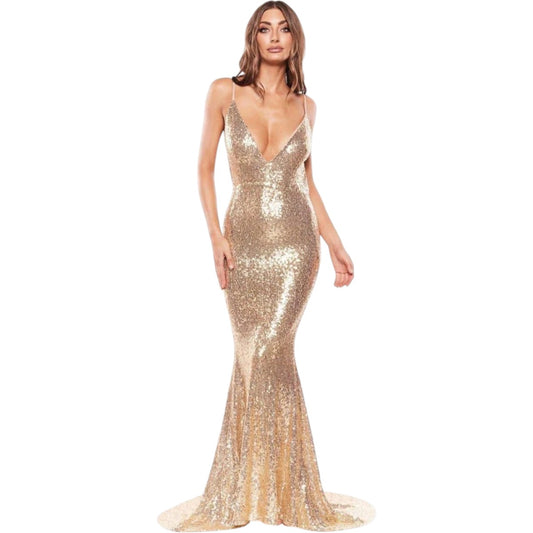 Alamour Yassmine Gold Sequin Backless V-Neck Mermaid Maxi Dress