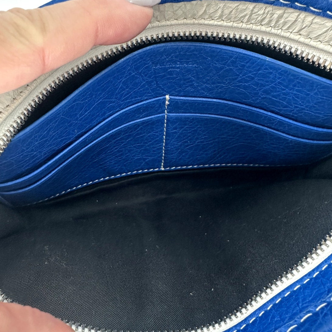 Balenciaga Lambskin Leather Bazar Striped Crossbody Zip Pouch Bag Blue White