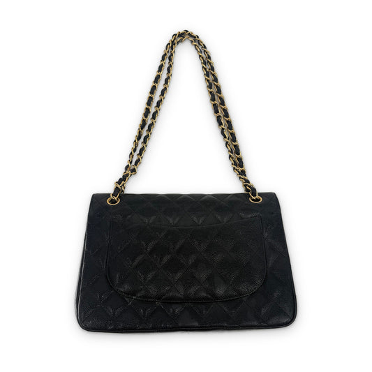 Chanel Classic Double Flap Jumbo Caviar Leather Black Gold Hardware Shoulder Bag