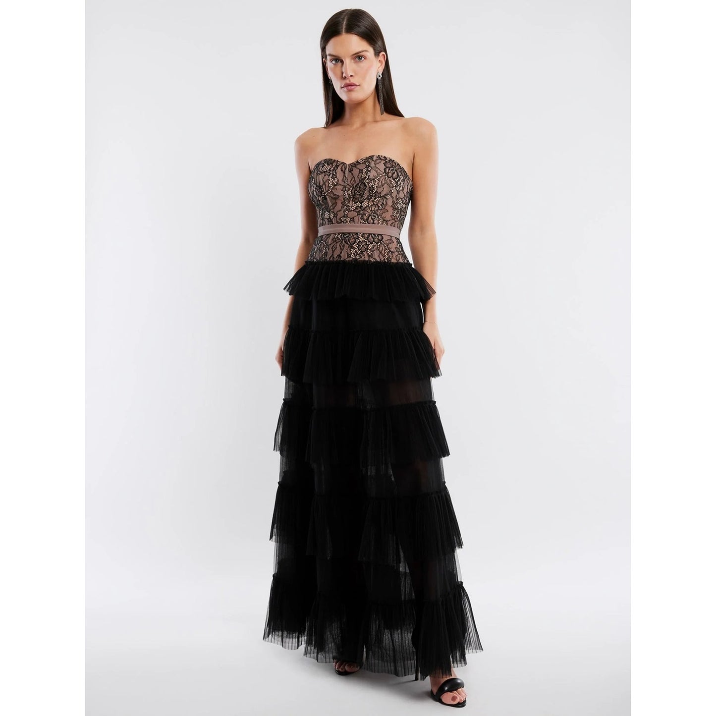 BCBGMAXAZRIA Strapless Floral Lace & Tulle Ruffle Maxi Evening Gown