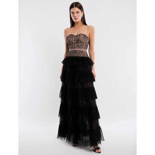 BCBGMAXAZRIA Strapless Floral Lace & Tulle Ruffle Maxi Evening Gown