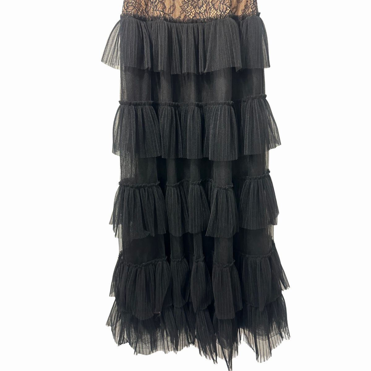 BCBGMAXAZRIA Strapless Floral Lace & Tulle Ruffle Maxi Evening Gown
