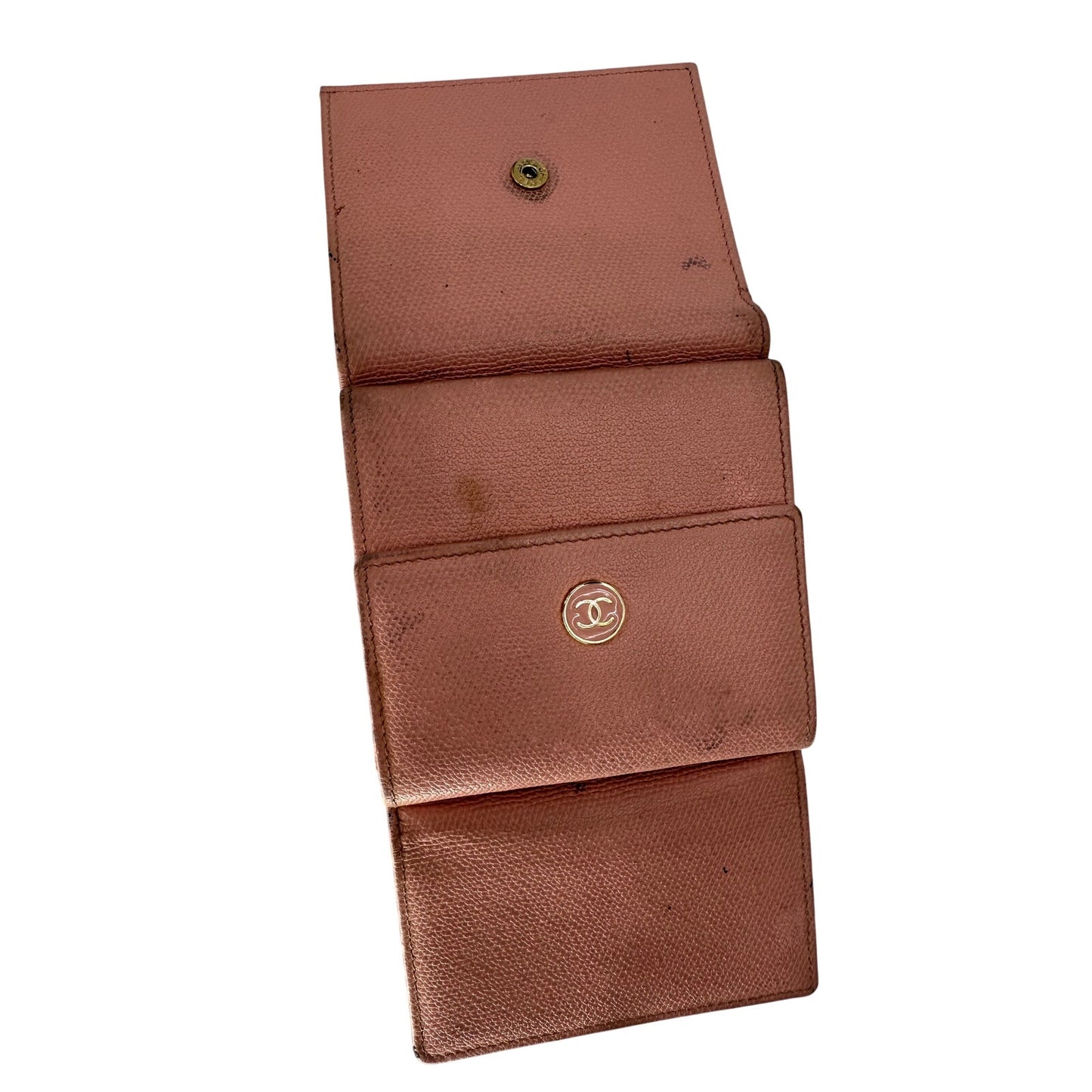 Chanel Blush Pink CC Logo Grained Calfskin Vintage Trifold Women Compact Wallet
