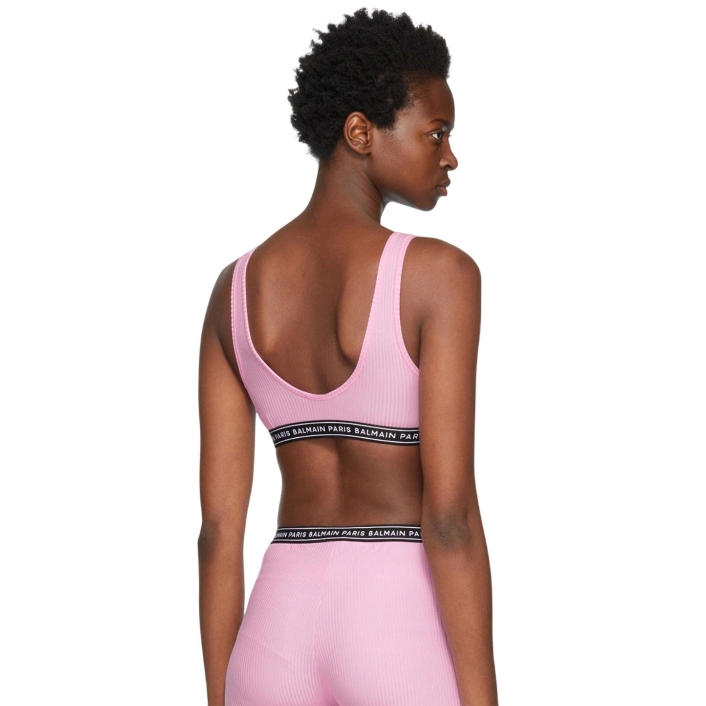Balmain Logo Tape Scoop Neck Rib Knit Sports Bra