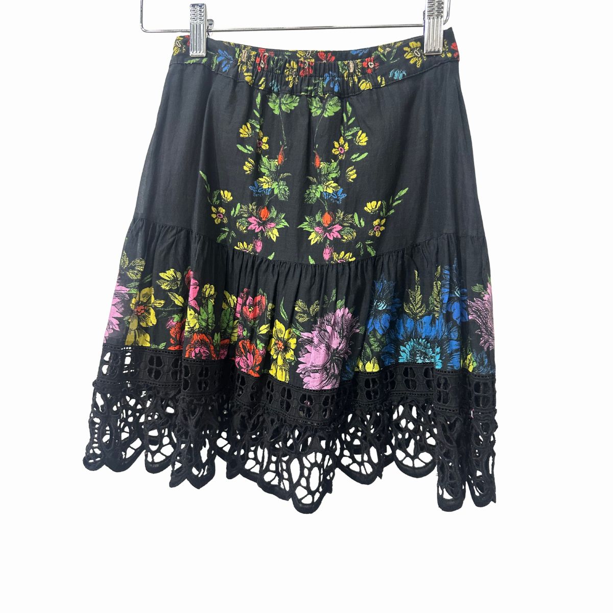Charo Ruiz Ibiza Eibis Mini Skirt Black Floral Print Lace Trim