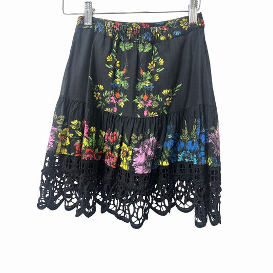 Charo Ruiz Ibiza Eibis Mini Skirt Black Floral Print Lace Trim