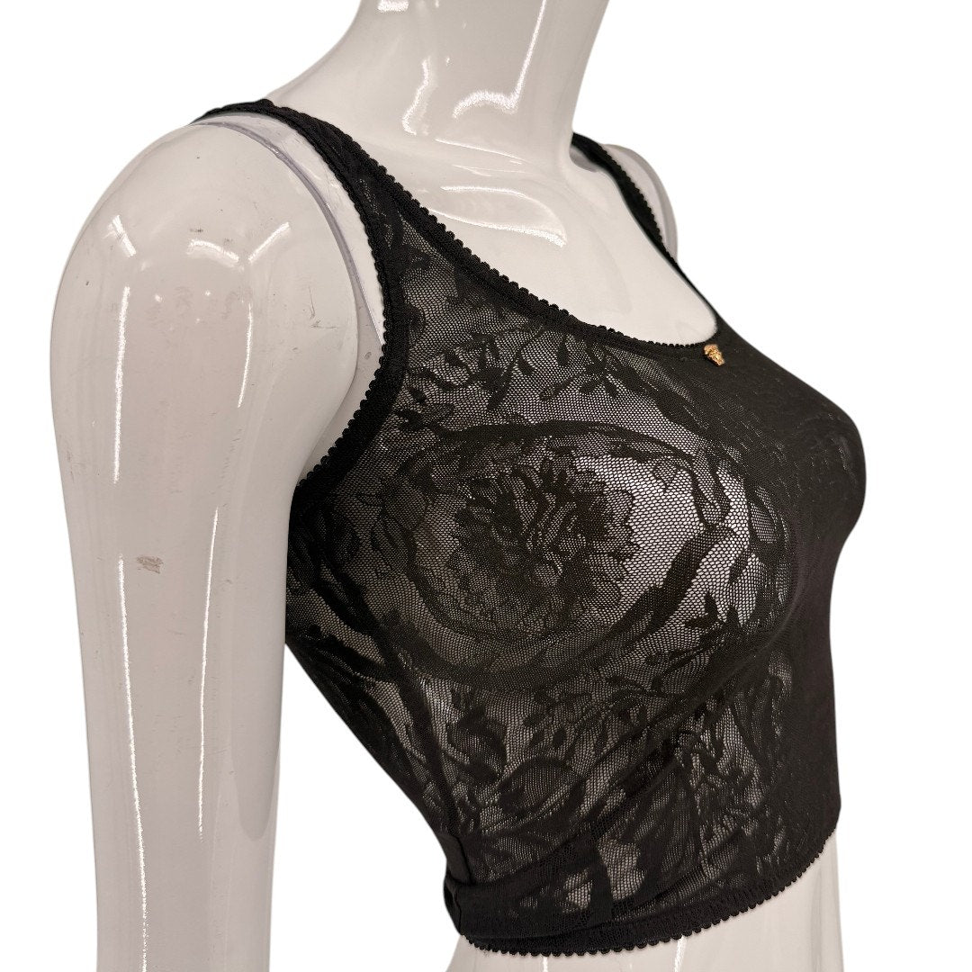 Versace Black Baroque Jacquard Tulle Sheer Cropped Tank Top