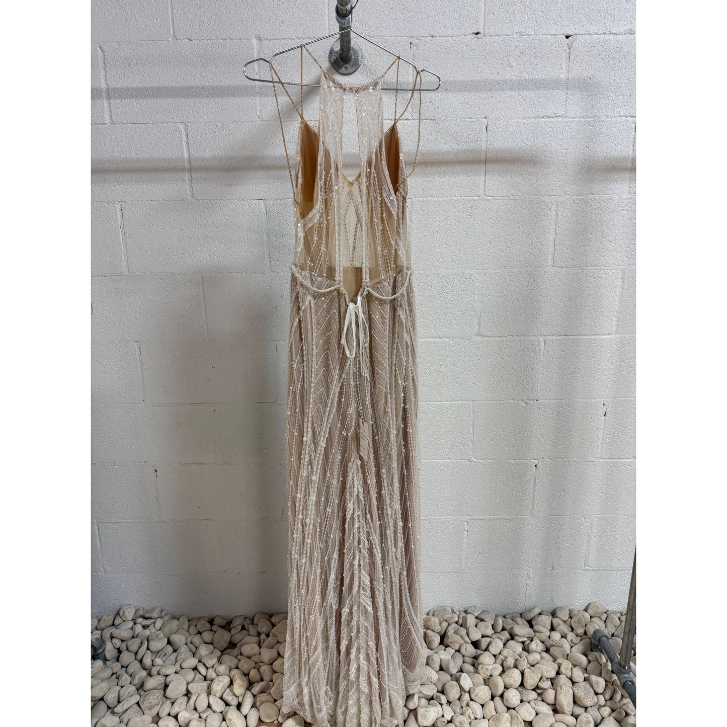 La Vie En Blanc Shades of Ivory Beaded Spaghetti Straps V-Neck Wedding Dress