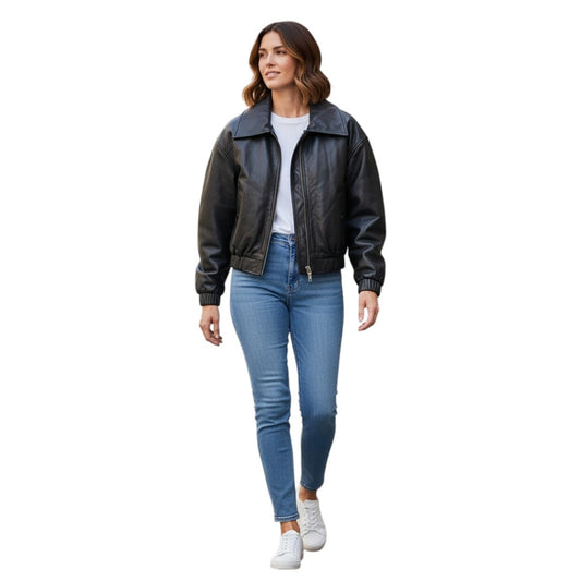 Camila Coelho Lamb Leather Raven Collared Full Zip Jacket Black Women's Size S