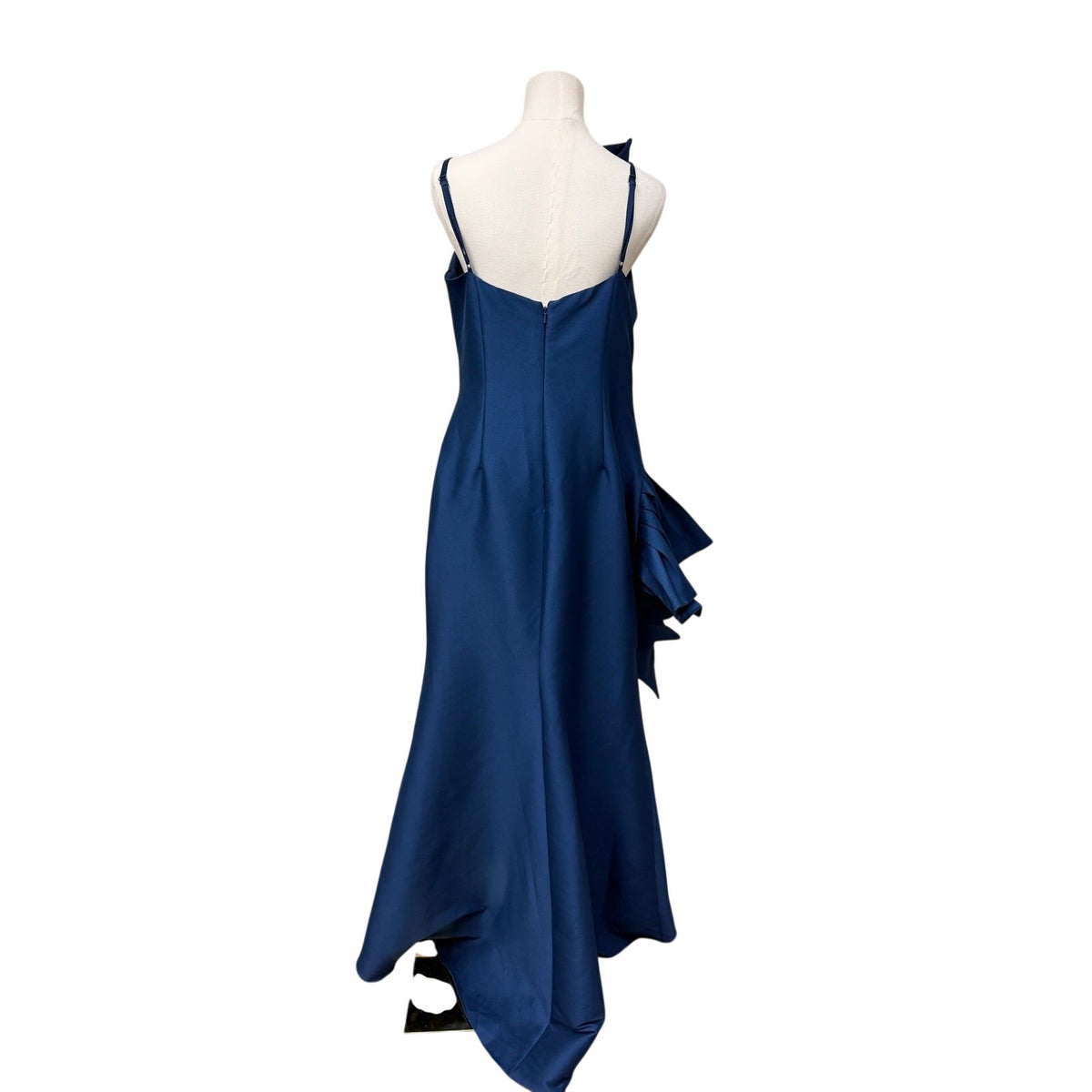 Badgley Mischka Blue Sculptural Swirl Maxi Evening Dress Ruffle Accent