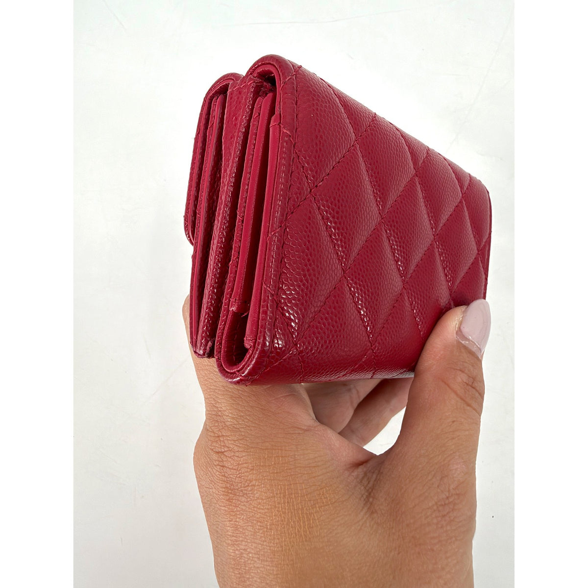 Chanel Red Caviar Quilted Compact Flap Wallet Crystal CC Gold Hardware
