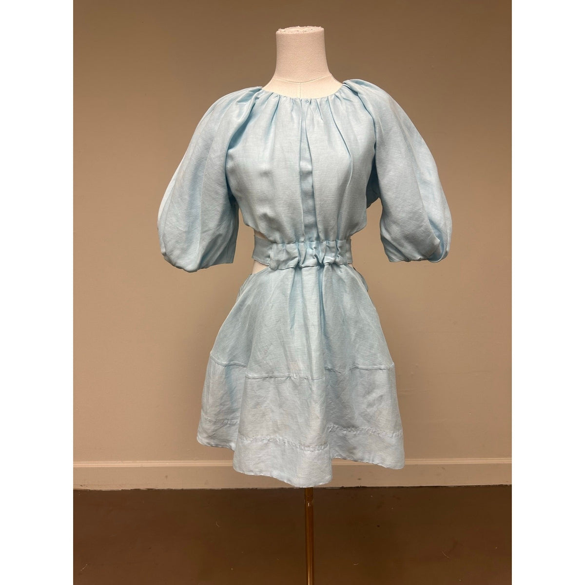 AJE Psychedelia Light Blue Puff Sleeve Cut-Out Pleated A-Line Mini Dress Size 8