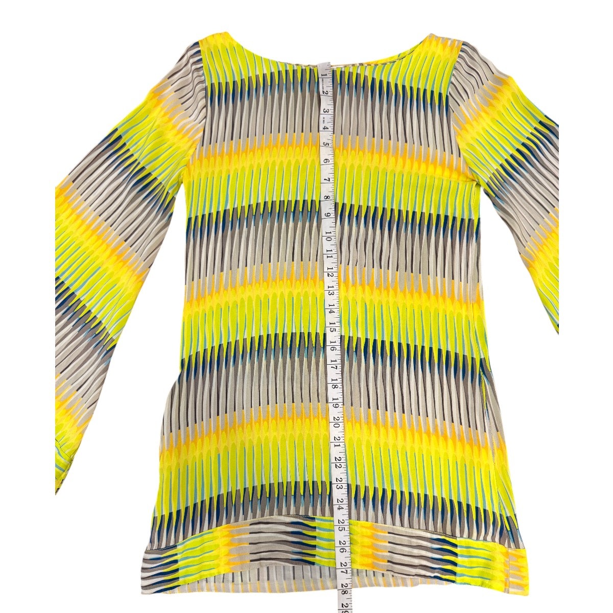 Alexis Silk Geometric Stripe Bell Sleeve Tunic Blouse Yellow Gray Women's Size S