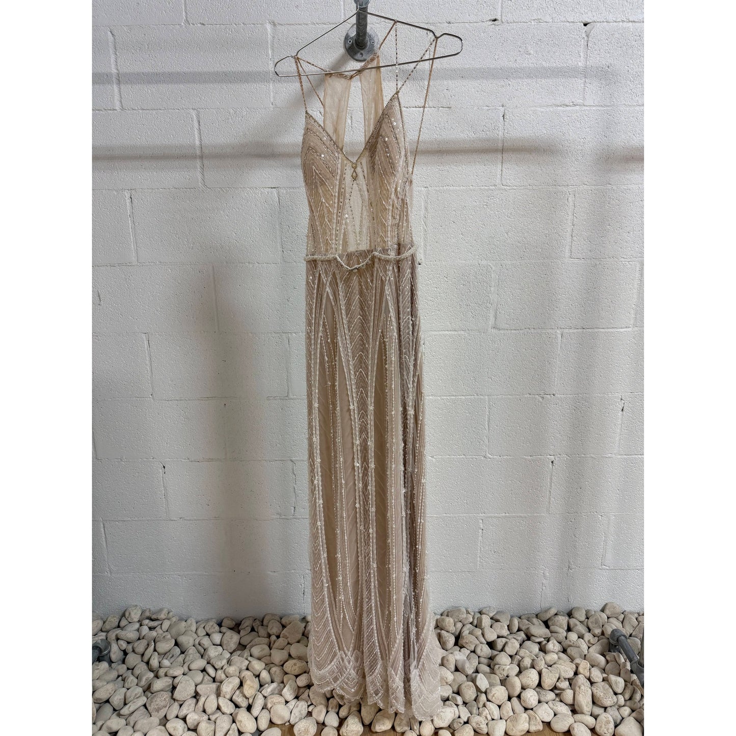 La Vie En Blanc Shades of Ivory Beaded Spaghetti Straps V-Neck Wedding Dress