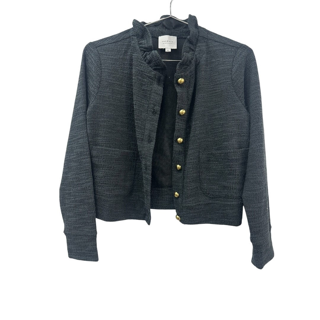 Sundays Maggie Black Knit Ruffle Collar Long Sleeve Cardigan Sweater