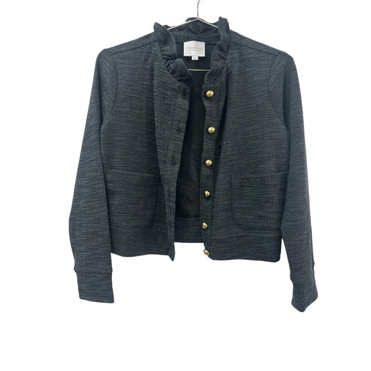 Sundays Maggie Black Knit Ruffle Collar Long Sleeve Cardigan Sweater