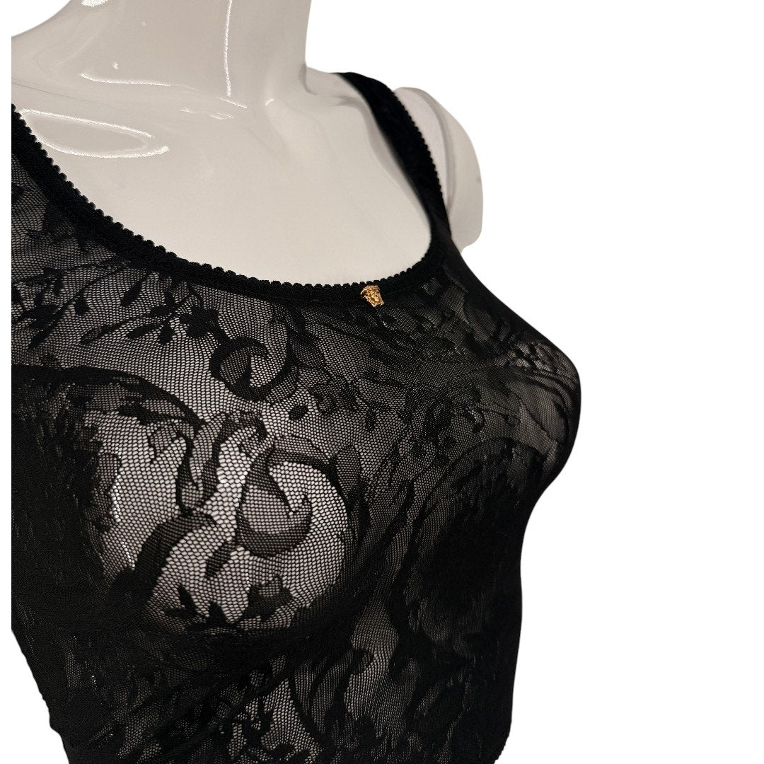 Versace Black Baroque Jacquard Tulle Sheer Cropped Tank Top