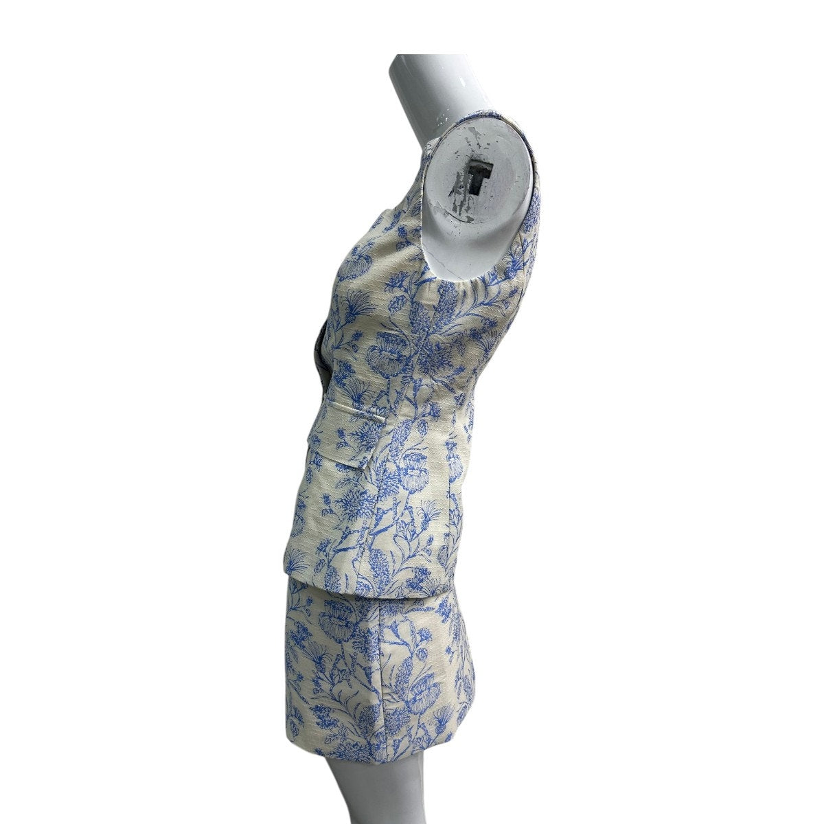 Commense Blue White Floral Jacquard Sleeveless Peplum Skirt Set