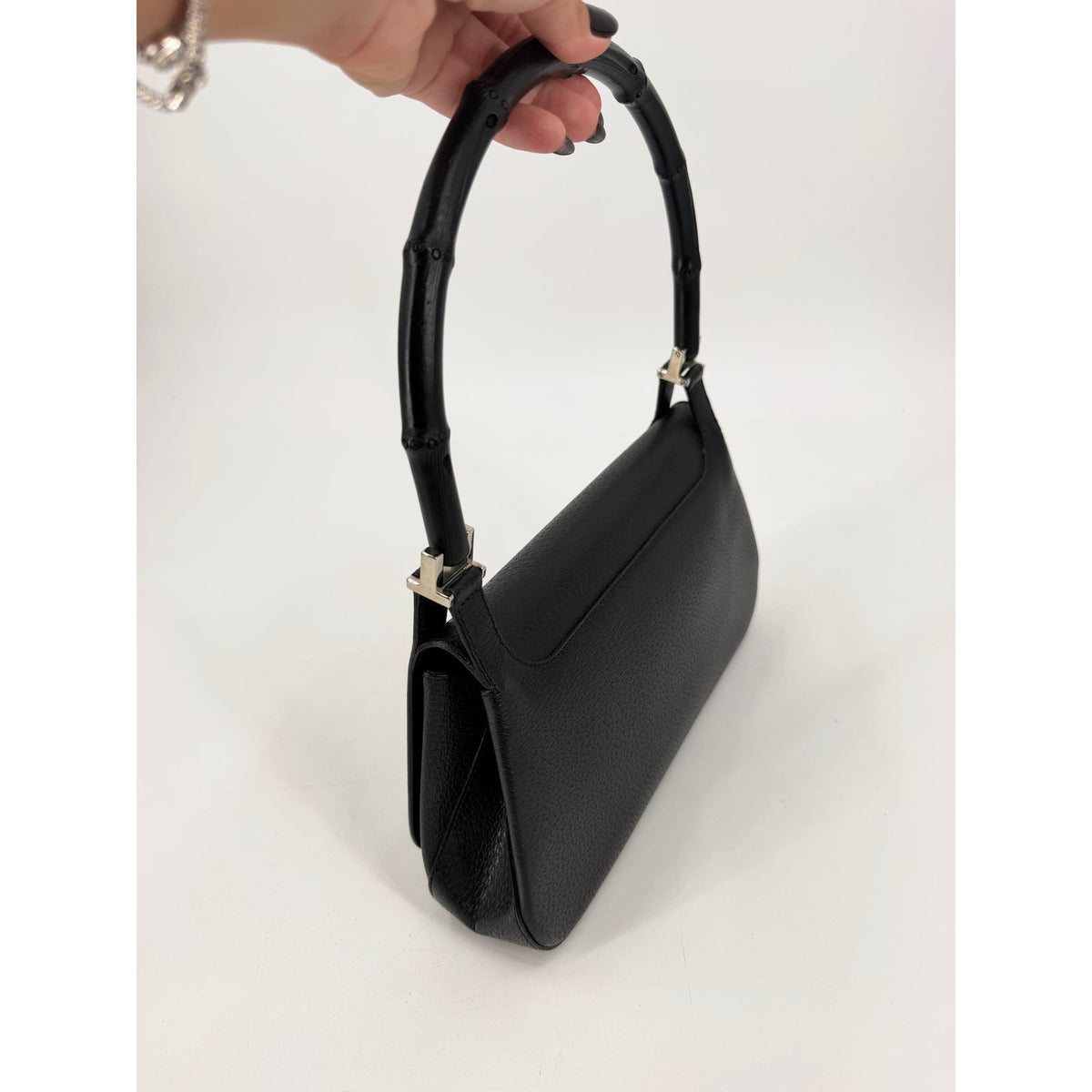 Gucci Bamboo Handle Black Pebbled Leather Shoulder Bag