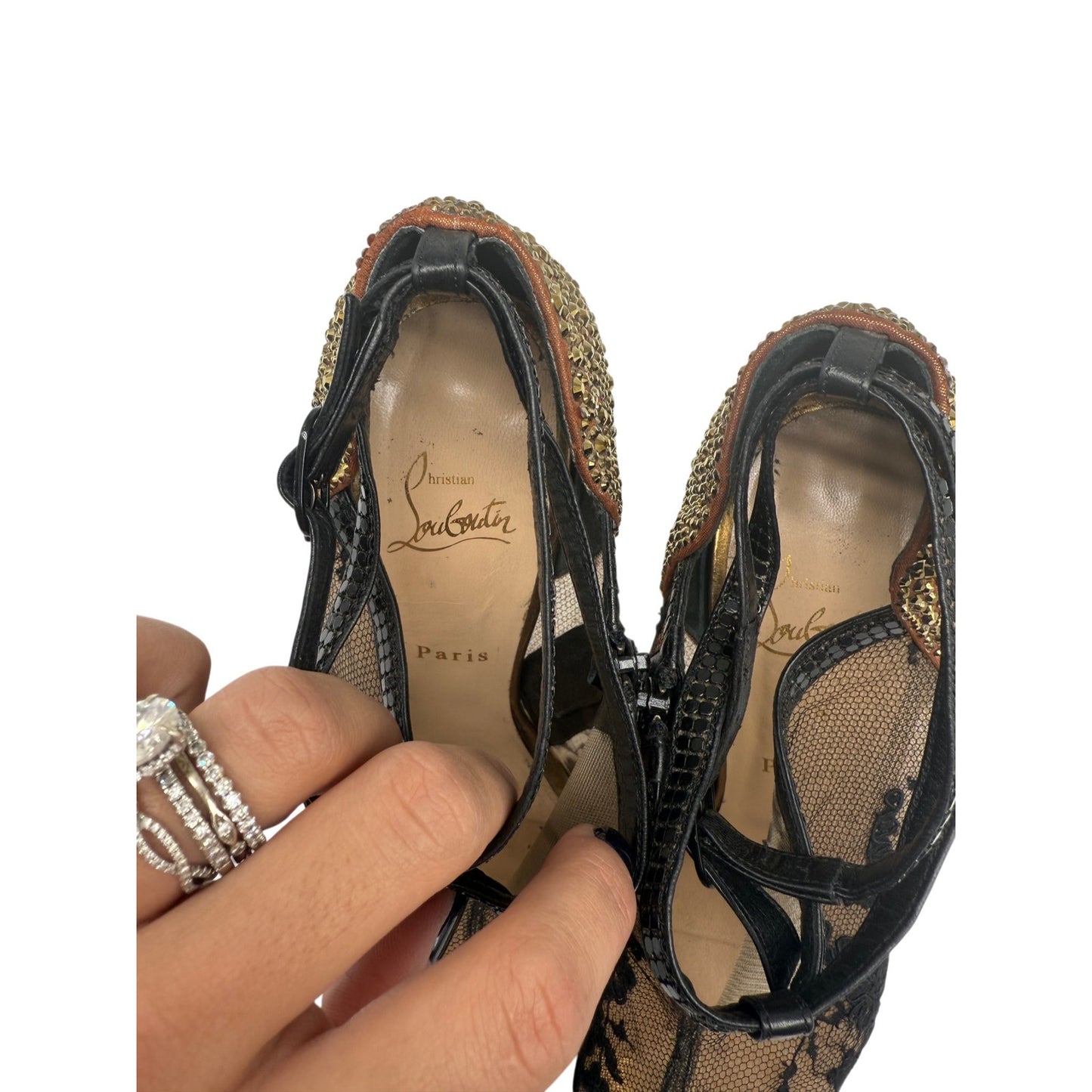 Christian Louboutin Mesh Lace Embroidered Glitter Peep Toe Pumps