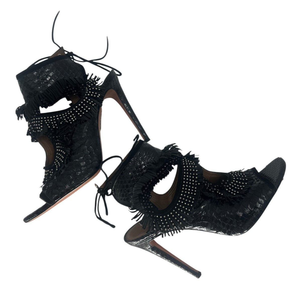 Aquazzura Sexy Thing Studded Fringe Python Stiletto Sandals