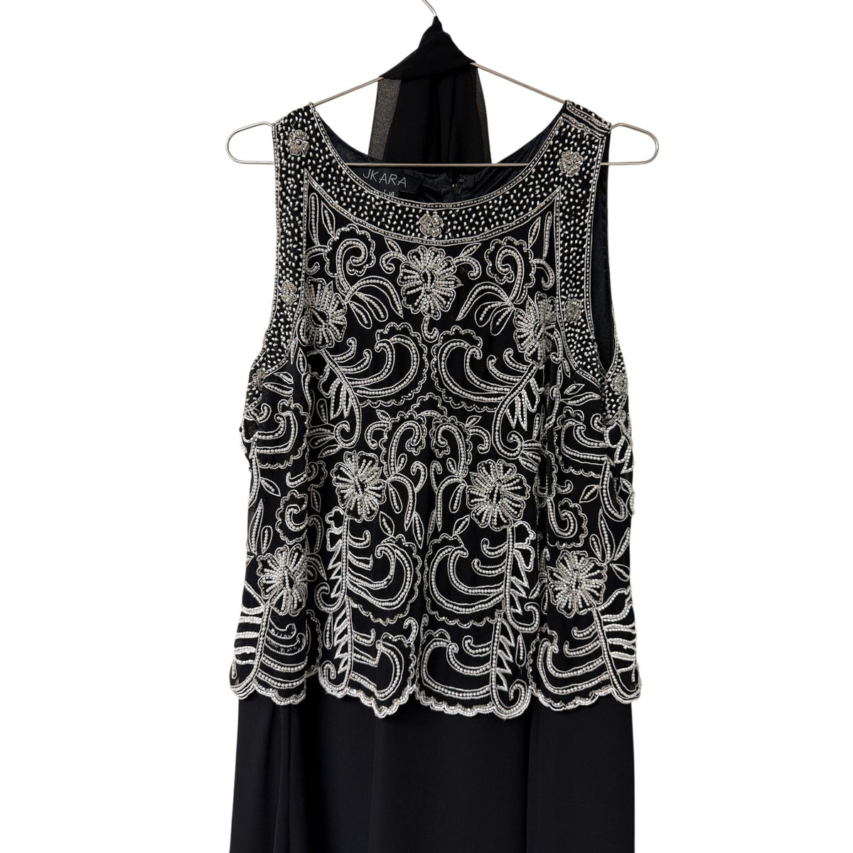 J Kara Black Scallop Beaded Sleeveless A-Line Maxi Dress Sheer Scarf