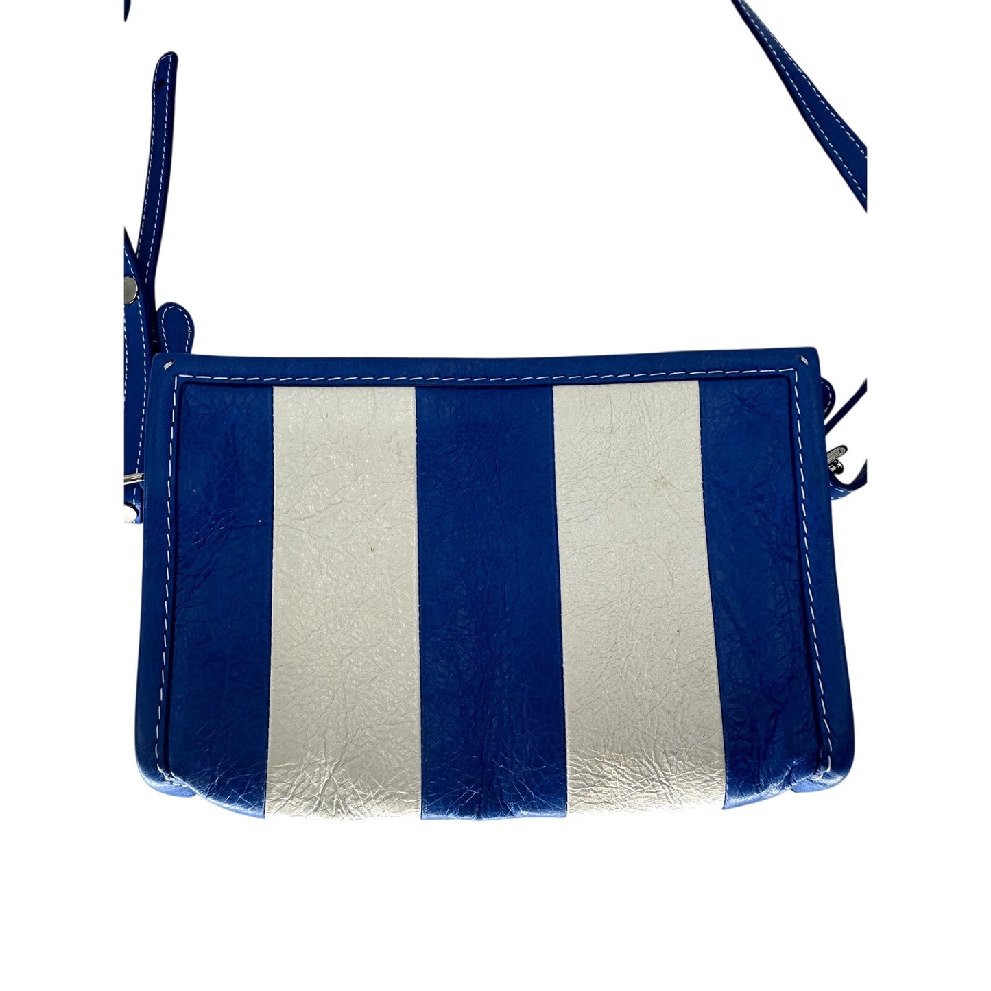 Balenciaga Lambskin Leather Bazar Striped Crossbody Zip Pouch Bag Blue White