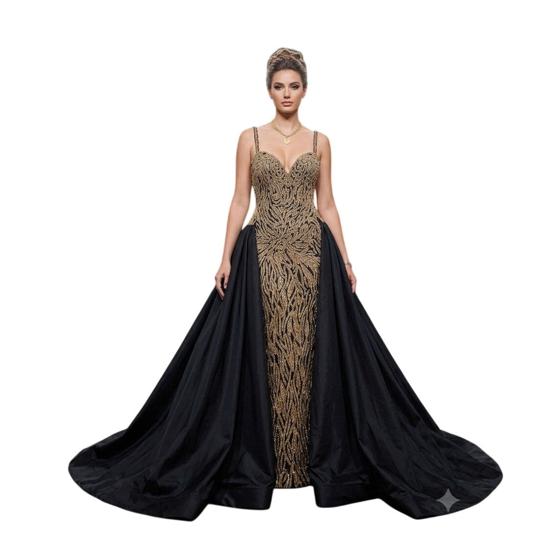 NWT Sherri Hill Black Gold Beaded Fitted Ball Gown Overskirt Formal Dress