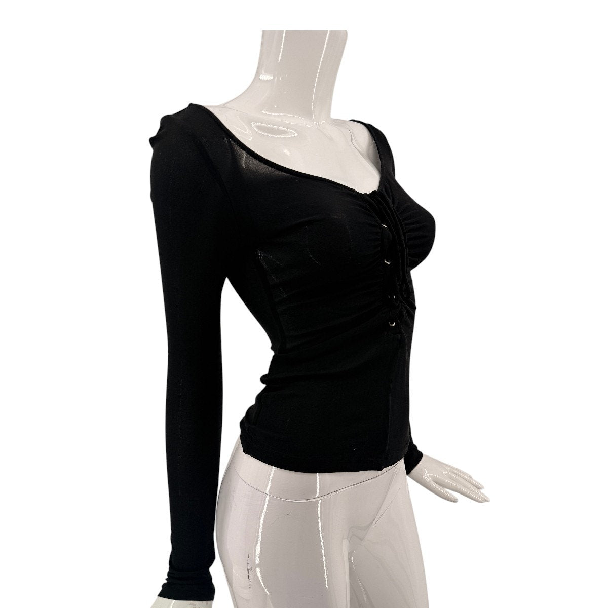 BCBGMAXAZRIA Lace-Up Ruched Mesh Long Sleeve Top Black Women's Size XXS
