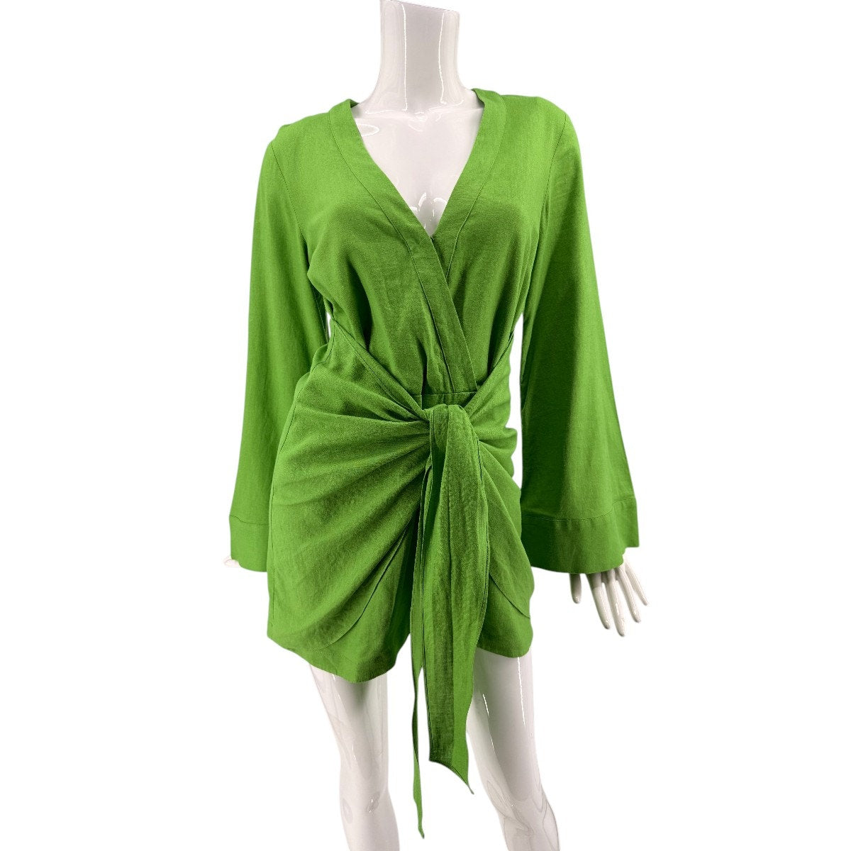L'Academie Janeiro Wrap Mini Dress Lime Green Bell Sleeve Tie Front