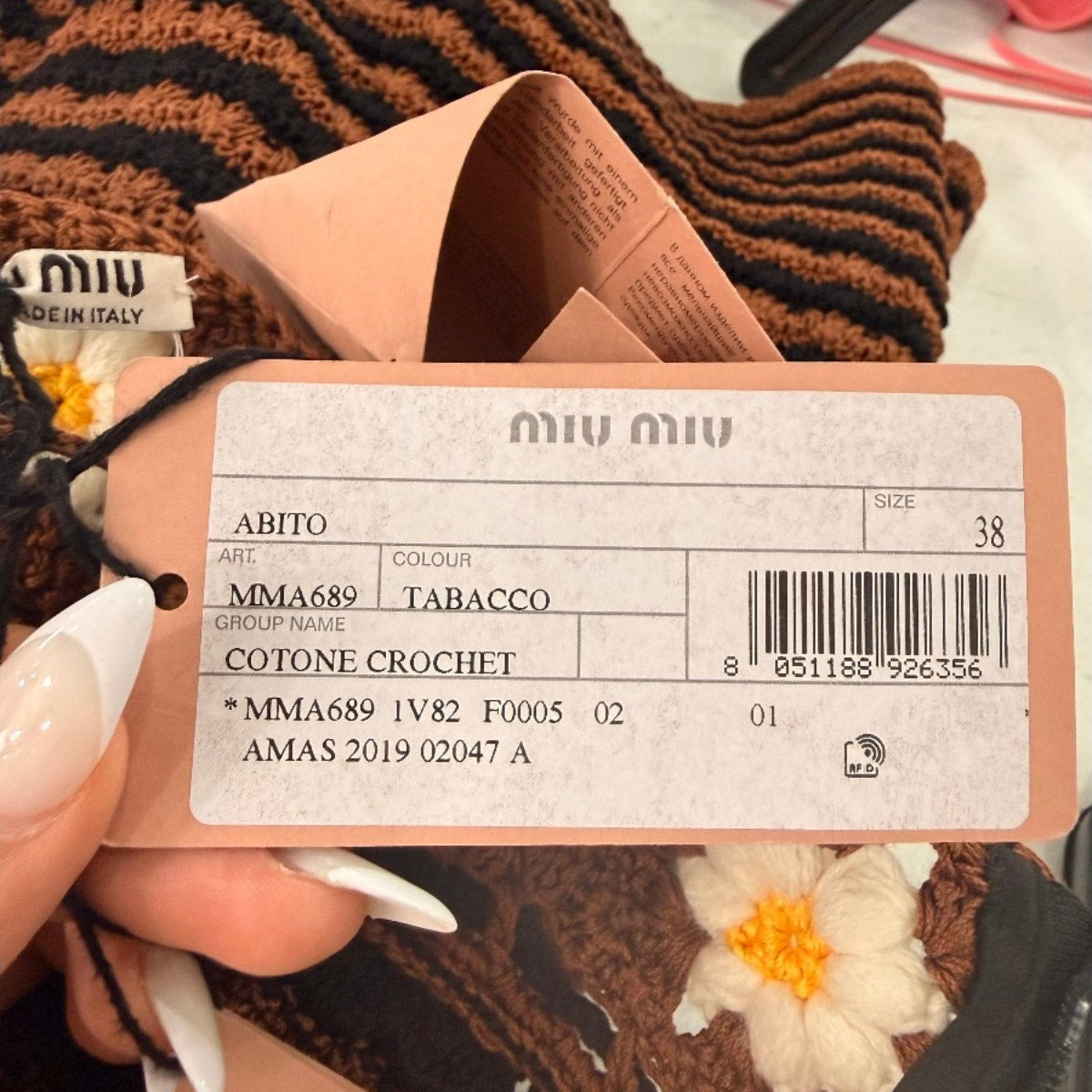 Miu Miu Cotton Floral Crochet V-Neck Mini Dress Brown Tabacco