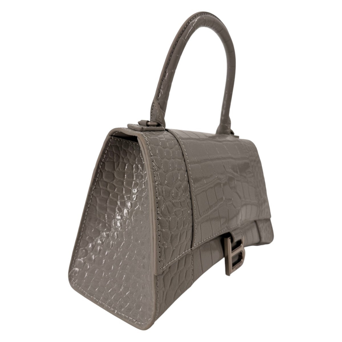Balenciaga Hourglass Croc Embossed Leather Top Handle Bag Gray Women's One Size