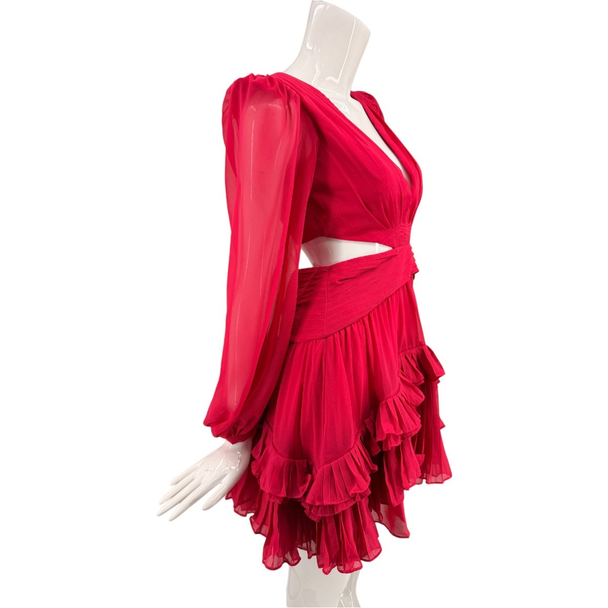 PatBO Chiffon Ruffle Cut-Out V-Neck Puff Sleeve Mini Dress