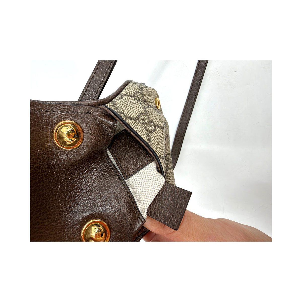 Gucci Blondie Mini GG Supreme Canvas Crossbody Bag Brown Gold Round G