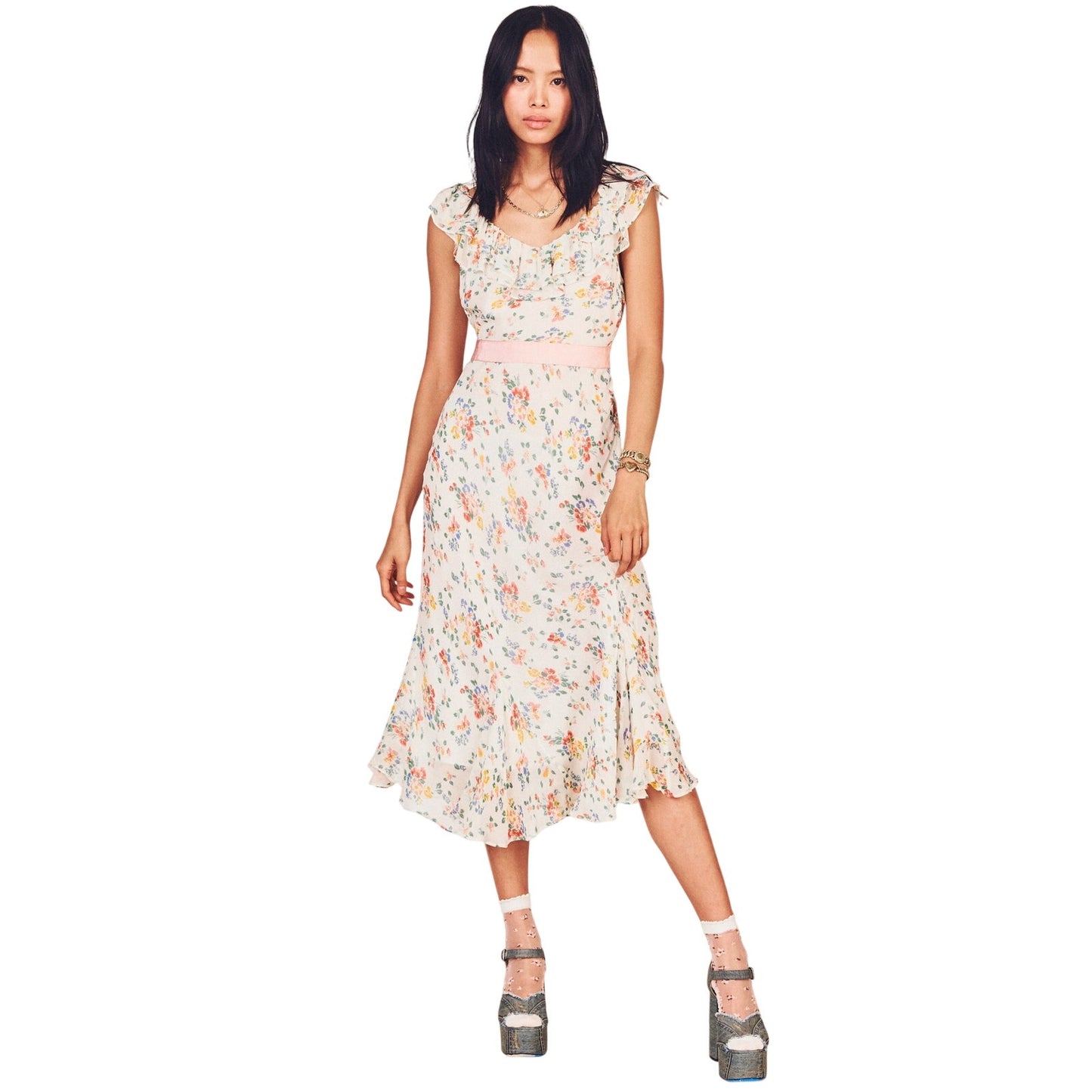 LoveShackFancy Silk Floral Print Crepe The Chine Midi Dress