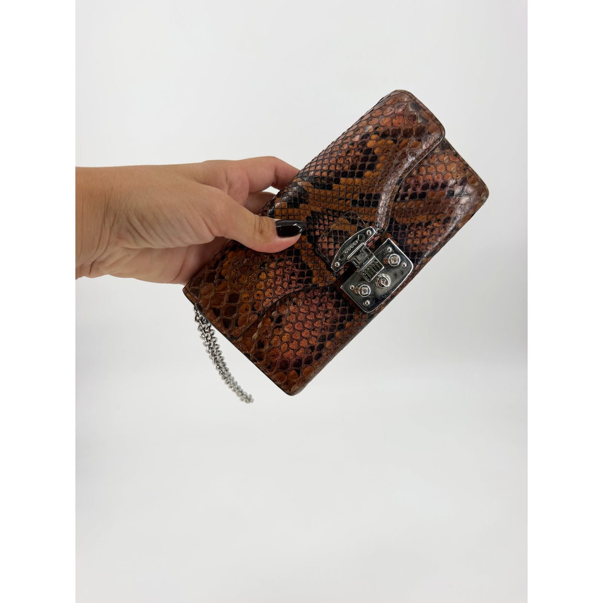 Gucci Python Snakeskin Flap Wallet Brown Silver Turnlock