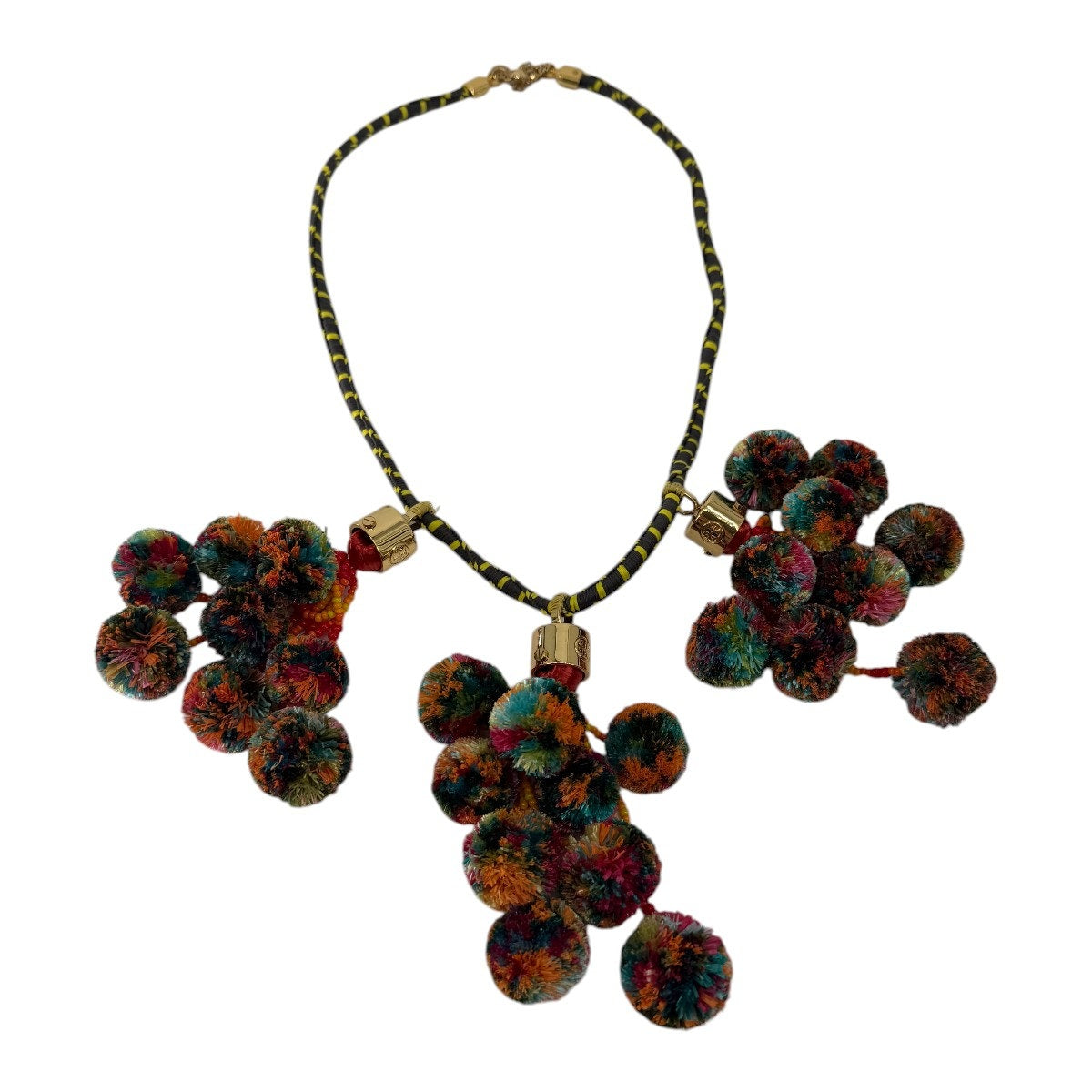 Tory Burch Multicolor Pom Pom Collar Statement Necklace Gold Ton