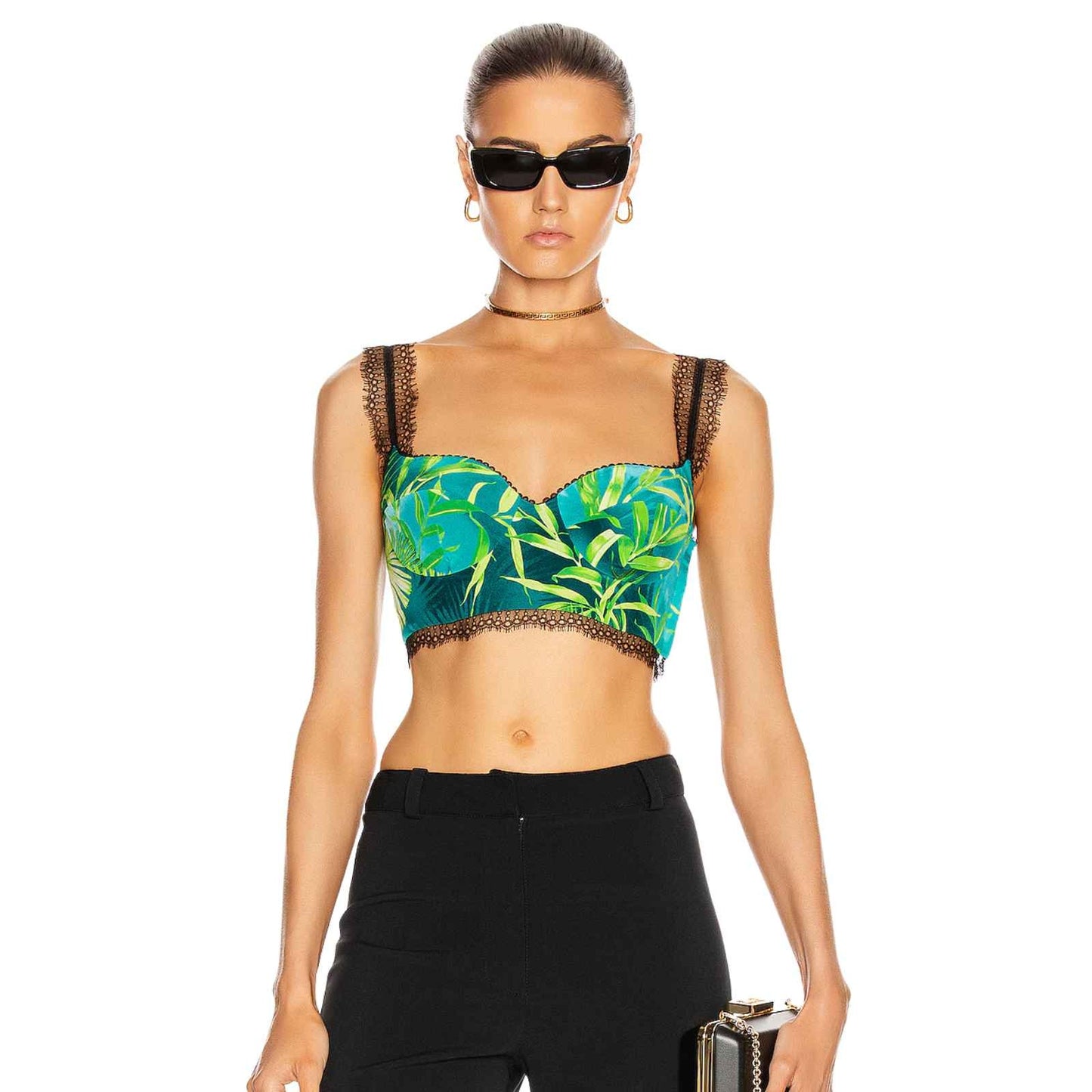 Versace Jungle Print Silk Lace Crop Bralette Top Green Blue Women's Size 36