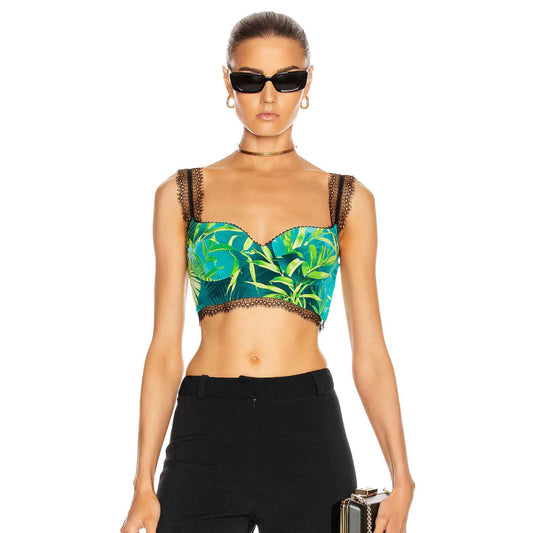 Versace Jungle Print Silk Lace Crop Bralette Top Green Blue Women's Size 36
