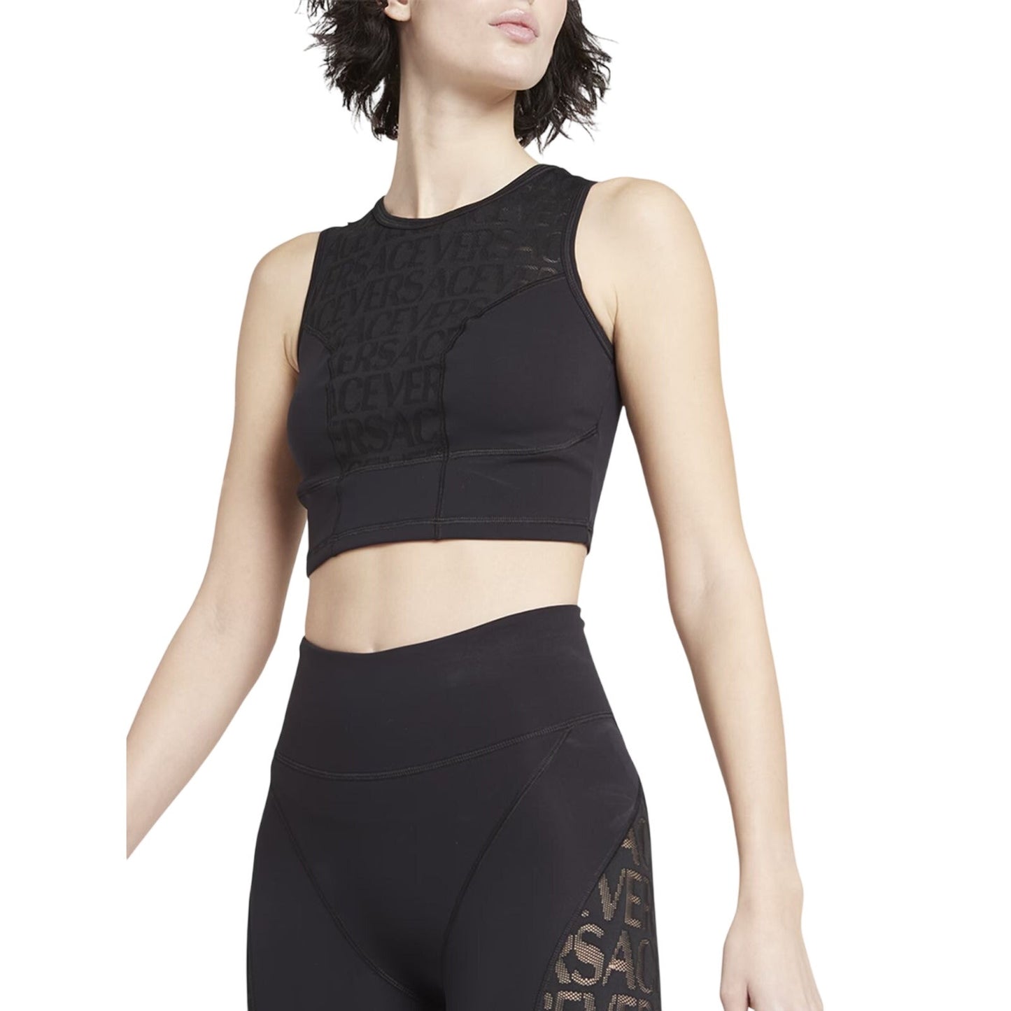 Versace Monogram Mesh Panel Sleeveless Crop Tank Top