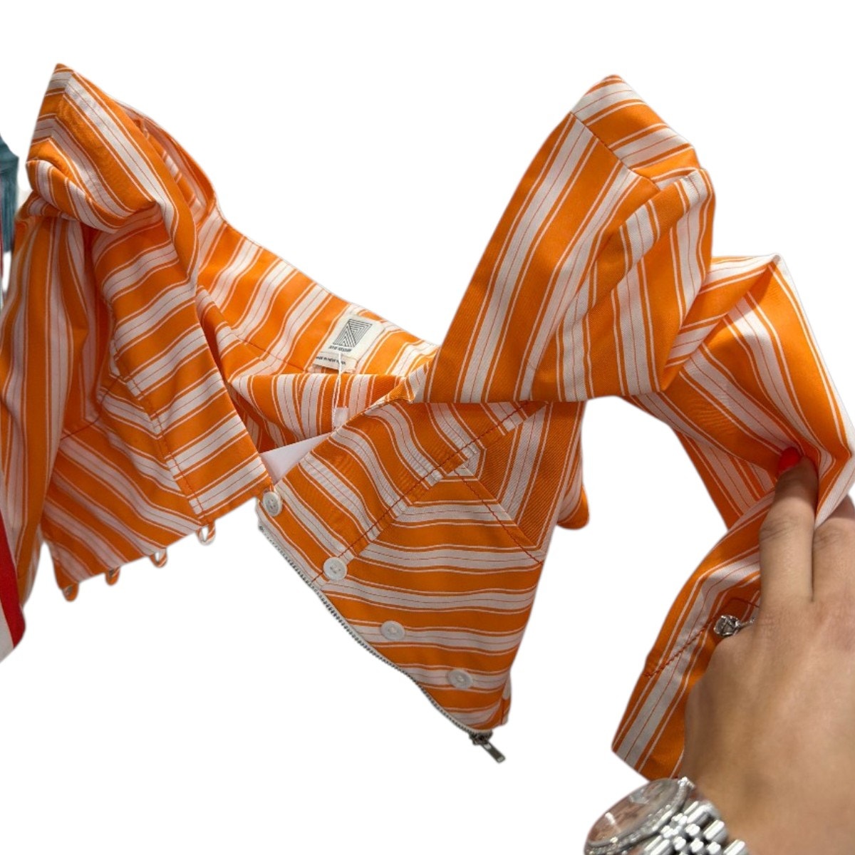 Rosie Assoulin Orange White Striped Square Neck Crop Top