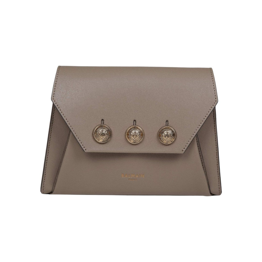 Balmain Emblème Calfskin Leather Shoulder Bag Taupe Brown