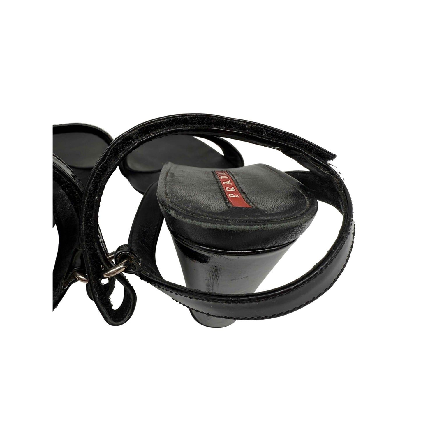 Prada Patent Leather Open Toe Ankle Strap Wedge Sandals
