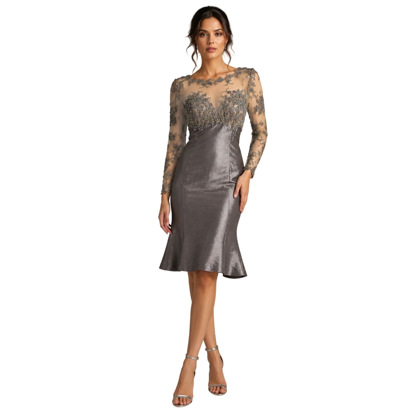 Mac Duggal Beaded Illusion Long Sleeve Mermaid Dress