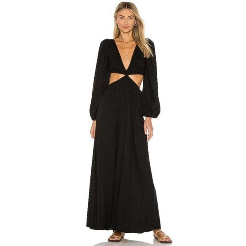 Indah Julie Ruched Bodice Cutaway Puff Sleeve Maxi Dress