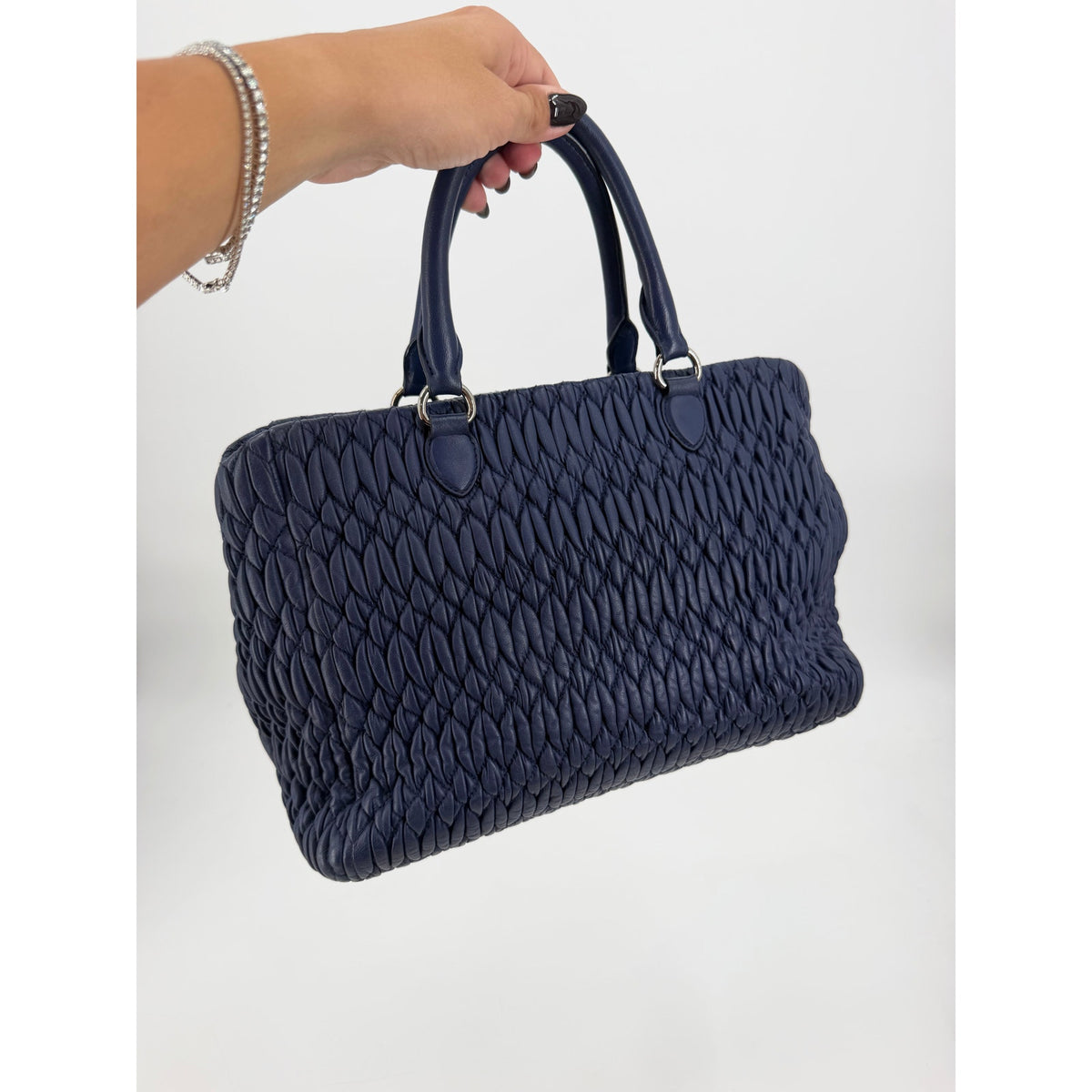 Miu Miu Nappa Crystal Matelasse Top Handle Tote Navy Blue Leather Chain Strap