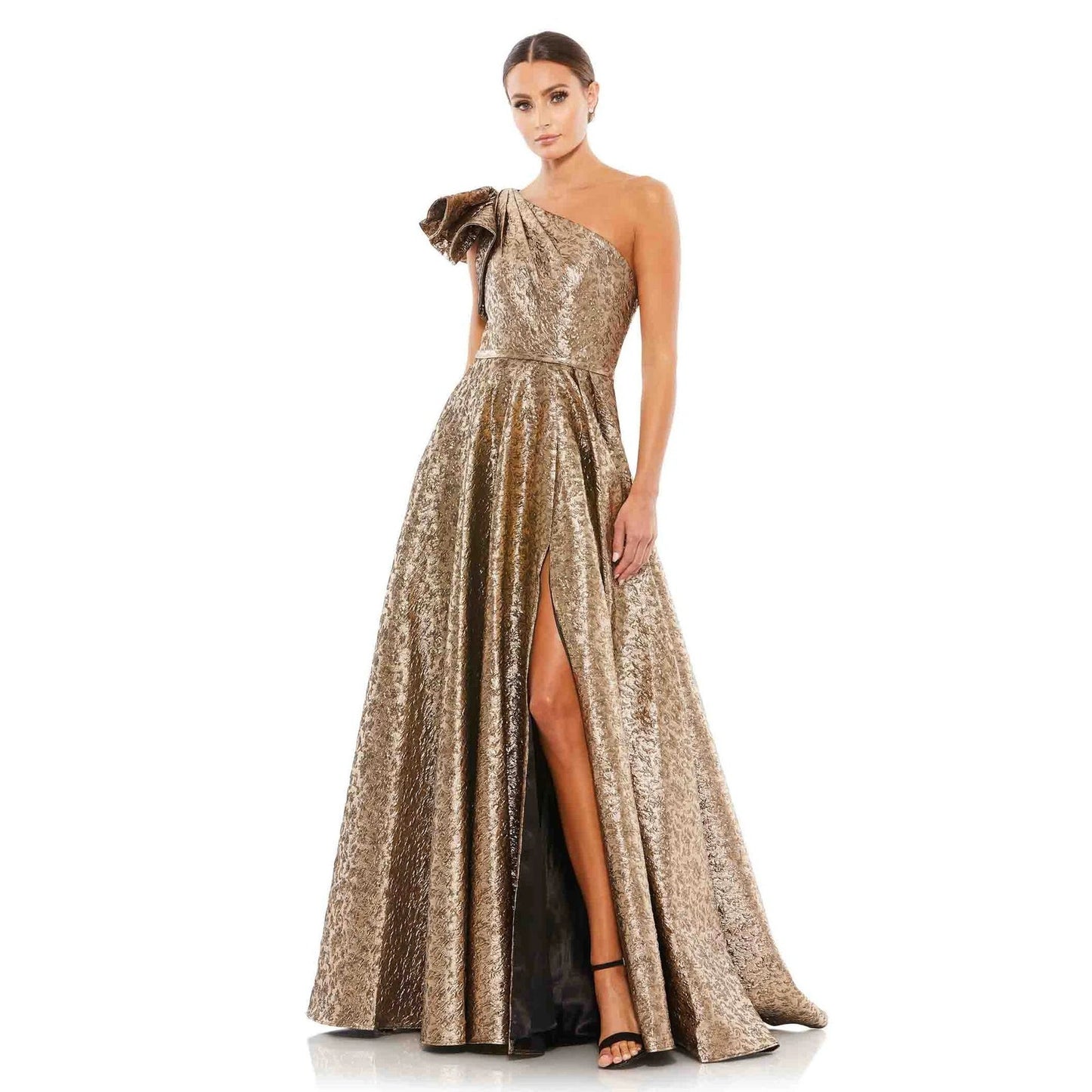 Mac Duggal Metallic One Shoulder Bow Maxi Dress