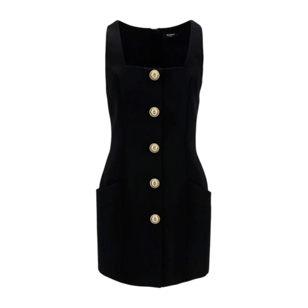 Balmain Black Wool Button Accent Square-Neck Sleeveless Mini Dress