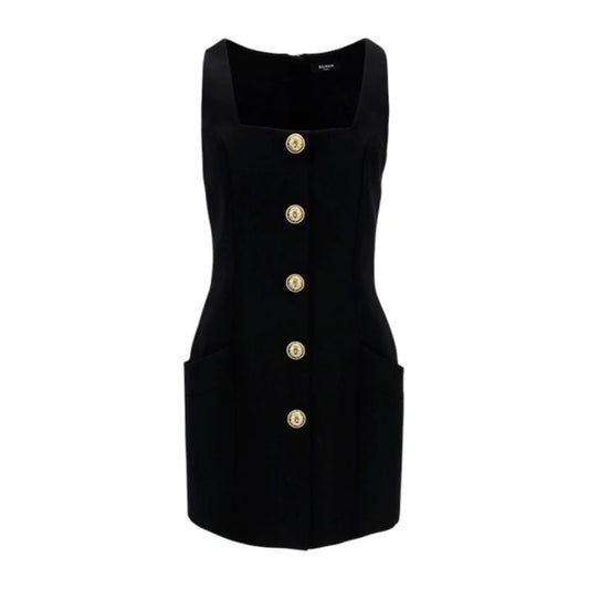 Balmain Black Wool Button Accent Square-Neck Sleeveless Mini Dress