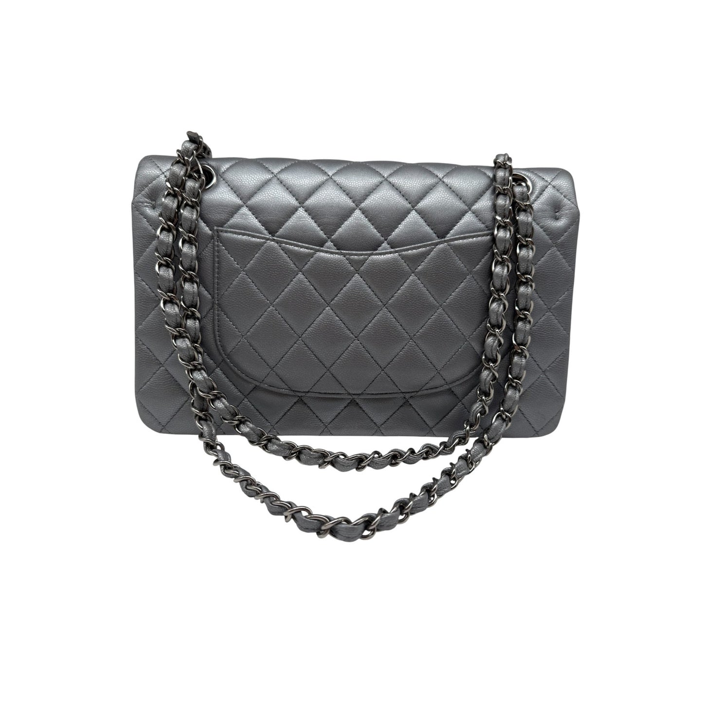 Chanel Leather Quilted Classic Double Flap CC Logo Medium Crossbody Bag Silver